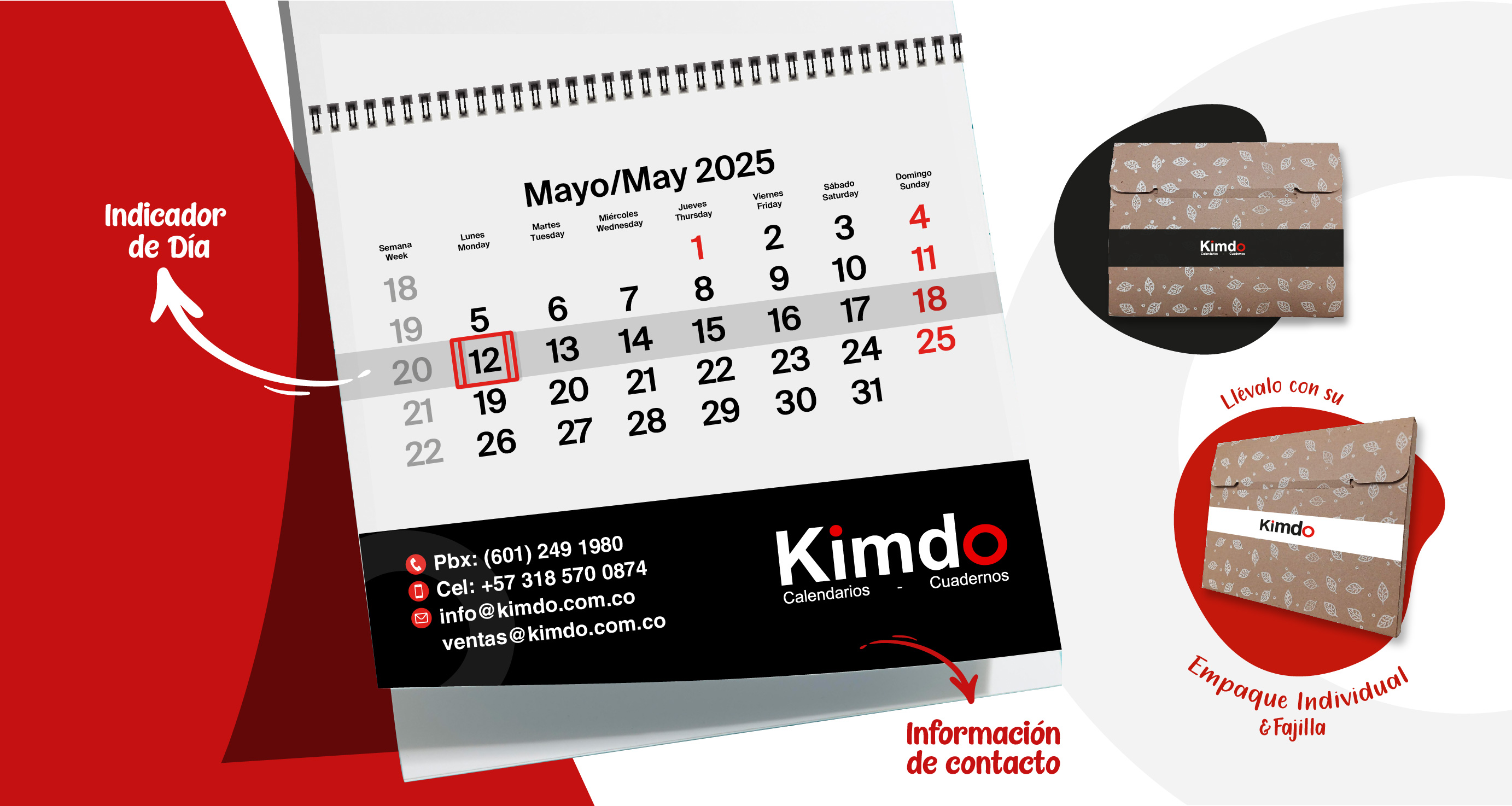 Kimdo - Calendarios de 3 Meses  INDICADOR DE DÍA Y SEMANA 